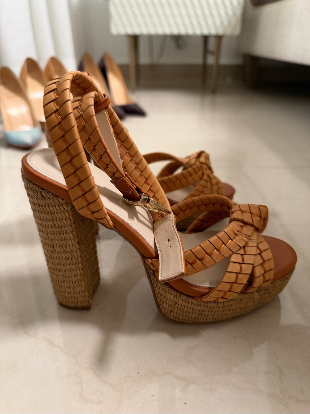 Exé Woven Knot Ankle-Strap Heeled Sandals in Tan